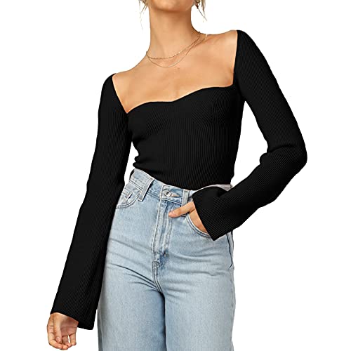 Damen Pullover Tops Sweetheart-Ausschnitt Geripptes Bustier Korsett Strick Langarm Pullover Sweater Top, Schwarz, Mittel von Effeltch