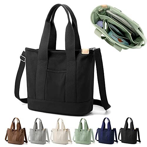 Efilra Multi-Pocket Canvas Tote Bag mit Reißverschluss, 2023 Neue Japanische Handgemachte Große Kapazität Handtasche Damen Crossbody Tasche, Schwarz-Größe L, Large von Efilra