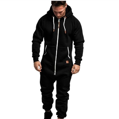 Herren Einteiler Mit Kapuze Übergroßer Overall Mit Reißverschluss, Strampler Lässig Einfarbig Einteilig Jogger Sweatsuit Nachtwäsche (Color : Black, Size : 5XL) von EFLAL