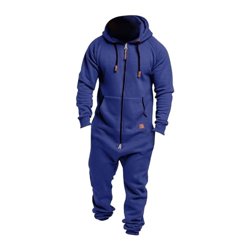 EflAl Herren Einteiler Mit Kapuze Übergroßer Overall Mit Reißverschluss, Strampler Lässig Einfarbig Einteilig Jogger Sweatsuit Nachtwäsche (Color : Blue, Size : 5XL) von EFLAL