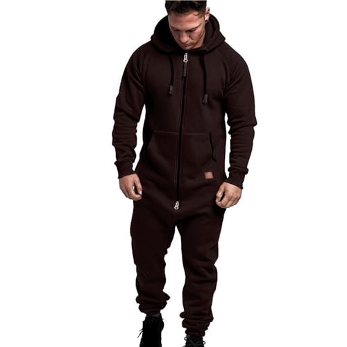 EflAl Herren Einteiler Mit Kapuze Übergroßer Overall Mit Reißverschluss, Strampler Lässig Einfarbig Einteilig Jogger Sweatsuit Nachtwäsche (Color : Brown, Size : 5XL) von EFLAL