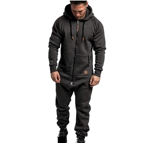 EflAl Herren Einteiler Mit Kapuze Übergroßer Overall Mit Reißverschluss, Strampler Lässig Einfarbig Einteilig Jogger Sweatsuit Nachtwäsche (Color : Dark Grey, Size : XXL) von EFLAL