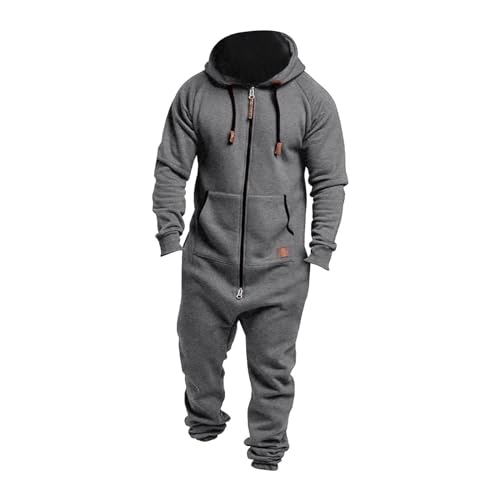 EflAl Herren Einteiler Mit Kapuze Übergroßer Overall Mit Reißverschluss, Strampler Lässig Einfarbig Einteilig Jogger Sweatsuit Nachtwäsche (Color : Light Grey, Size : 5XL) von EFLAL