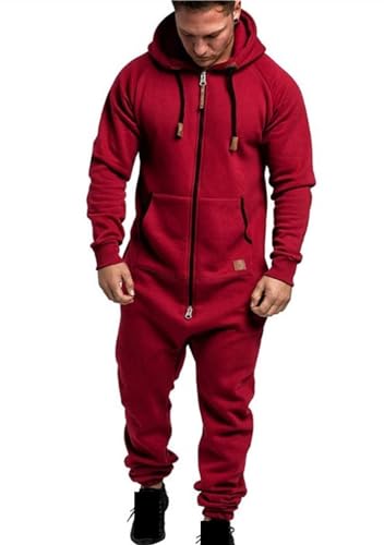 EflAl Herren Einteiler Mit Kapuze Übergroßer Overall Mit Reißverschluss, Strampler Lässig Einfarbig Einteilig Jogger Sweatsuit Nachtwäsche (Color : Red, Size : 5XL) von EflAl