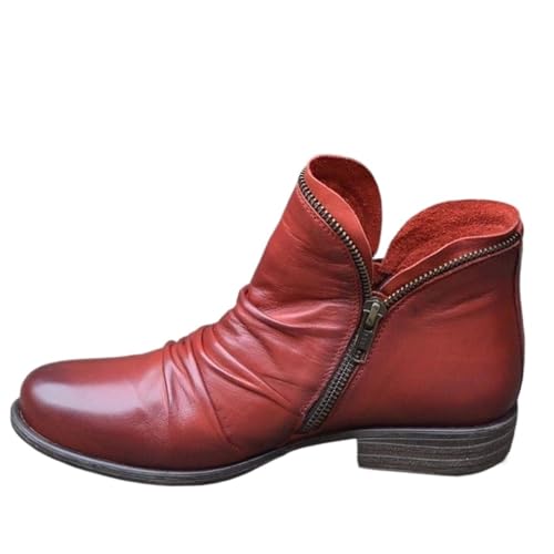 Knöchel Schuh Stiefel Für Damen Modisch Herbst Winter Mittelhohe Stiefel Niedriger Absatz Plateau Reißverschluss Kleid Party Stiefel Damen Bequem Rutschfeste Stiefeletten Lässige ( Color : Red , Size von EflAl