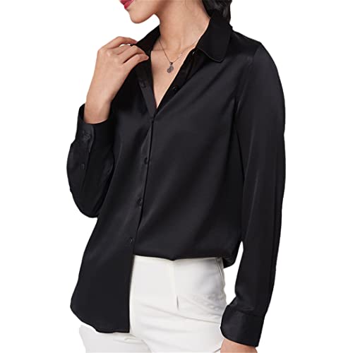 Damen Seidenshirt Langarm Frühling Top Seidenbluse Lose und Vielseitig Innenhemd Frauen Schwarz XXL von Efloorcoration