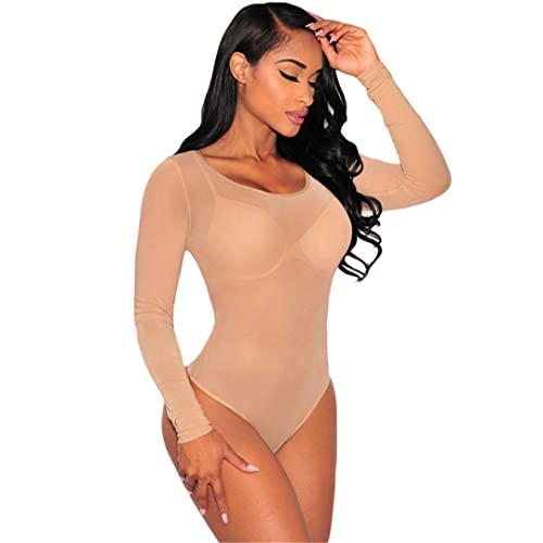 Hautfarbener, transparenter sexy Body für Damen, S, figurbetonter Jumpsuit mit langen Ärmeln, weißer Netz-Body, durchsichtig, O-Ausschnitt, hautfarben, Größe S von Efloorcoration