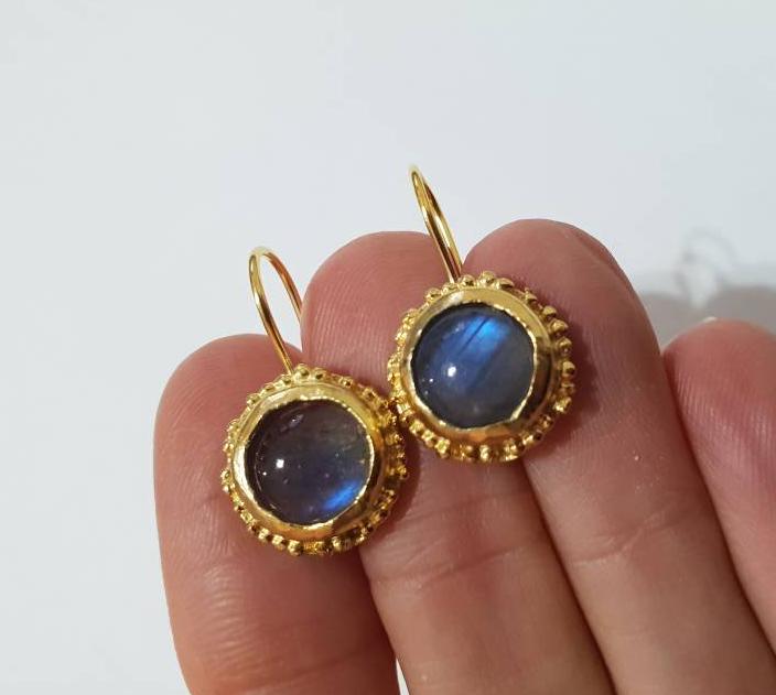 Labradorit Ohrringe, Blaue Antike Goldohrringe, Edelsteinohrringe, Goldohrringe von EfratMakovJewelry
