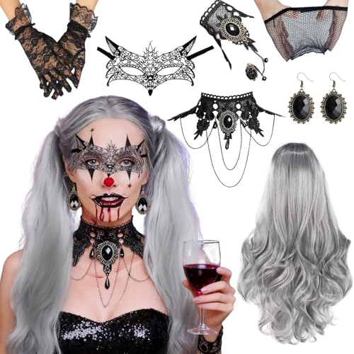 Efymosce Perücke Halloween Damen 7er Set, Lange Gewellt Silber Grau Perücke mit Gothic Schmuck Spitze Maske Lace Handschuhe, Perücke Frauen Kostüm für Karneval Cosplay von Efymosce