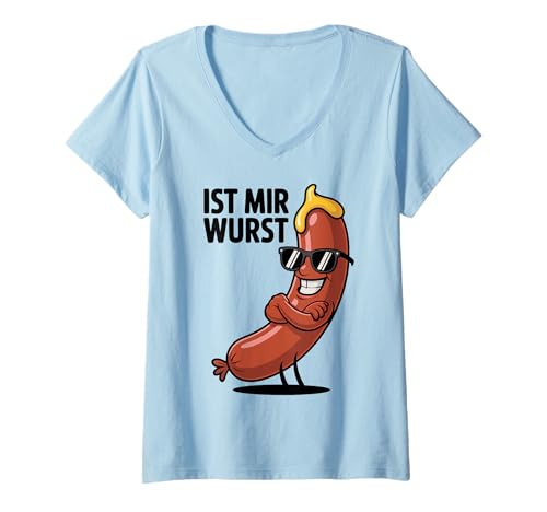 Damen Cooler Ist Mir Wurst Spruch mit lässiger Wurstfigur T-Shirt mit V-Ausschnitt von Egal-Spruch für entspannte und coole Leute