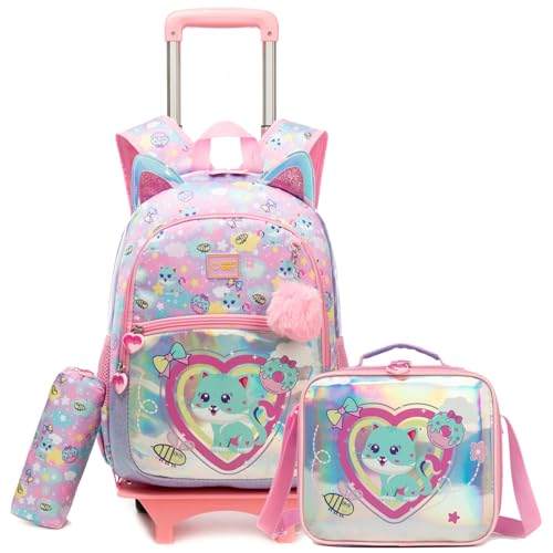 Egchescebo Kinder Niedliche Katze Rucksack mit Abnehmbare Rollen Kinderkoffer Mädchen für Koffer Schultrolley Kindertrolley Groß Schultasche Kindergepäck 17” 3pcs Sätze Geeignet Grundschüler Rosa von Egchescebo