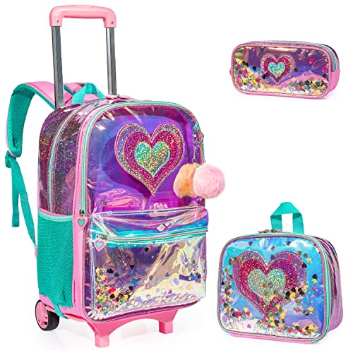 Egchescebo Rucksack Mädchen Schulranzen Trolley Schulrucksack Teenager 5PCS 16” Kinder Schultrolley Geeignet für Schule und Reise,Abnehmbarer rosafarbener Panda-Trolley-Rucksack (Pink-Aixin) von Egchescebo