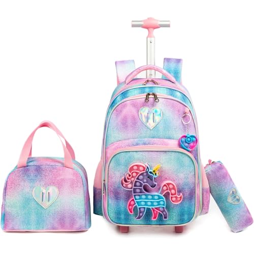 Egchescebo Kinder Rolling Einhorn Rucksack für Mädchen Gepäck Koffer mit Rädern Trolley gerollt POP Roller Rucksäcke für Elementary Travel School Bags 17“ 3PCS Spielzeug Rucksack mit Lunch Box Pink von Egchescebo