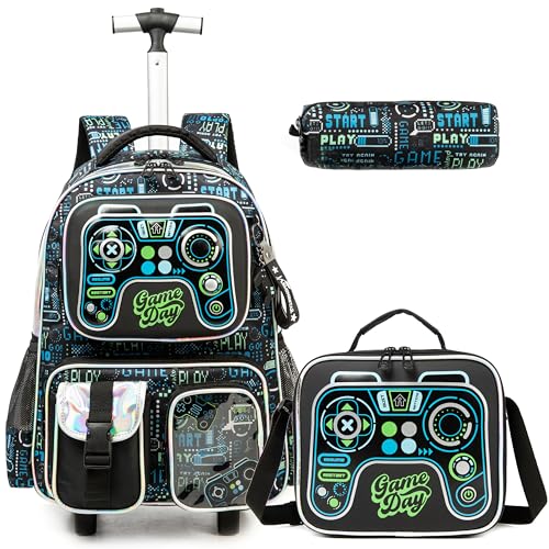 Egchescebo Kinder Rolling Rucksack für Jungen Gamepad Koffer Trolley Roller Gepäck Rucksäcke auf Rädern mit Lunch Box Pencil Case für die Grundschule Mehrere Funktion Taschen Travel school Bag Blau von Egchescebo