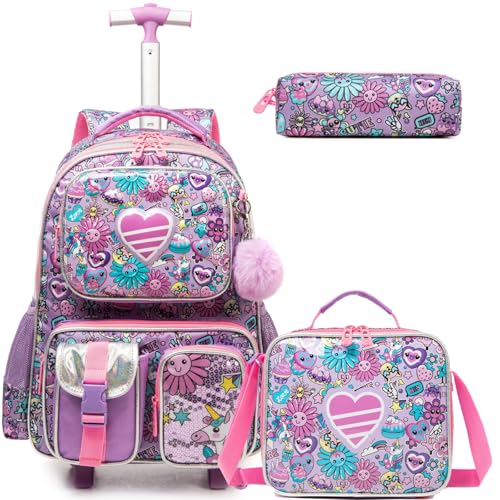 Egchescebo Kinder Rolling Rucksack für Mädchen Liebe Koffer Trolley Roller Gepäck Rucksäcke auf Rädern mit Lunch Box Pencil Case für die Grundschule Mehrere Funktion Taschen Travel School Bag Rosa von Egchescebo