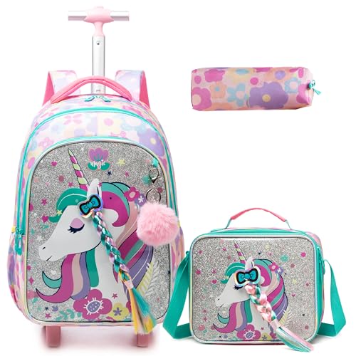 Egchescebo Kinder Rucksack mit Einhorn Rollen Kinderkoffer Mädchen für Koffer Schultrolley Kindertrolley Trolley Groß Schultasche Handgepäck Kindergepäck 17" 3pcs Sätze Geeignet für Grundschüler Rosa von Egchescebo