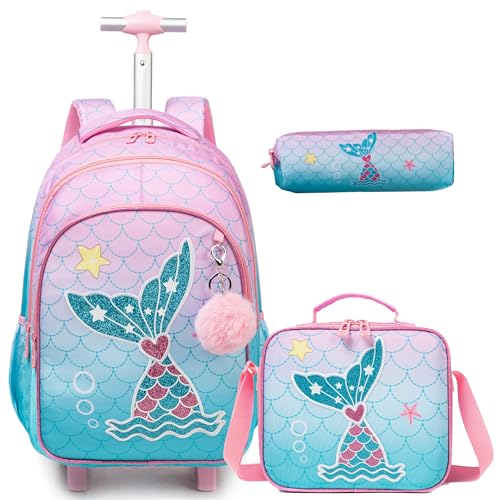 Egchescebo Kinder Rucksack mit Meerjungfrau Rollen Kinderkoffer Mädchen für Koffer Schultrolley Kindertrolley Schultasche Handgepäck Kindergepäck 17" 3pcs Sätze Geeignet für Grundschüler Farbverlauf von Egchescebo