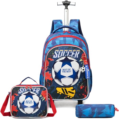Egchescebo Kinder Rucksack mit Rollen Kinderkoffer 17” Jungen für Koffer Schultrolley Kindertrolley Trolley Groß Schultasche Handgepäck Kindergepäck 3pcs Sätze Geeignet Grundschüler Fußball Blau von Egchescebo