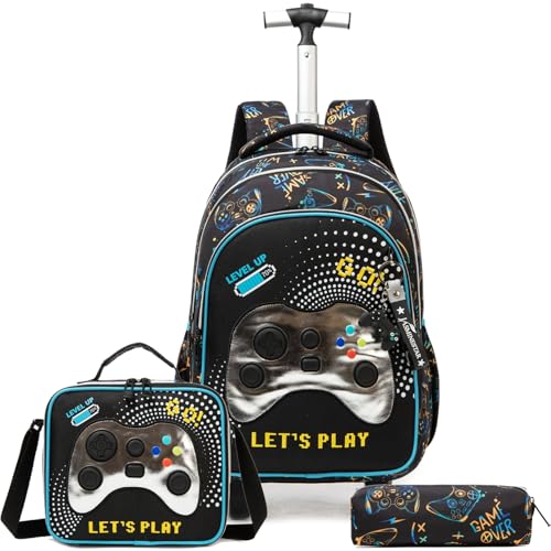 Egchescebo Kinder Rucksack mit Rollen Kinderkoffer 17” Jungen für Koffer Schultrolley Kindertrolley Trolley Groß Schultasche Handgepäck Kindergepäck 3pcs Sätze Geeignet Grundschüler Gamepad Blau von Egchescebo