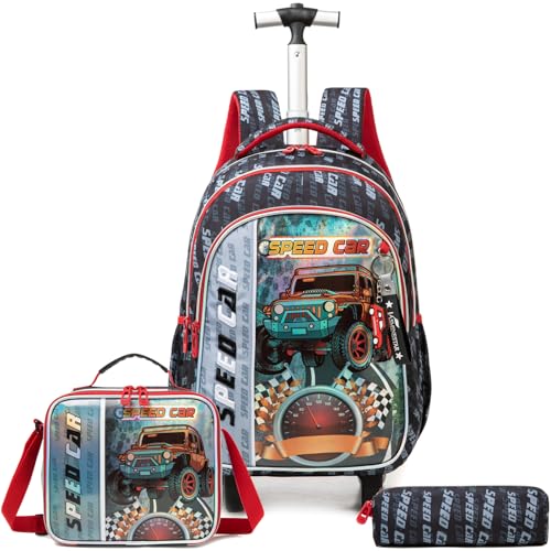 Egchescebo Kinder Rucksack mit Rollen Kinderkoffer 17” Jungen für Koffer Schultrolley Kindertrolley Trolley Groß Schultasche Handgepäck Kindergepäck 3pcs Sätze Geeignet Grundschüler Sand-Auto Rot von Egchescebo
