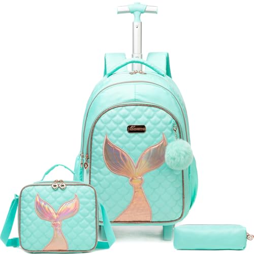Egchescebo Kinder Rucksack mit Rollen Kinderkoffer 17” Mädchen für Koffer Schultrolley Kindertrolley Trolley Groß Schultasche Handgepäck Kindergepäck 3pcs Sätze Geeignet Grundschüler Meerjungfrau Blau von Egchescebo