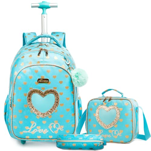 Egchescebo Kinder Rucksack mit Rollen Kinderkoffer 17” Mädchen für Koffer Schultrolley Kindertrolley Trolley Groß Schultasche Handgepäck Kindergepäck 3pcs Sätze Geeignet Grundschüler Liebe Hellblau von Egchescebo