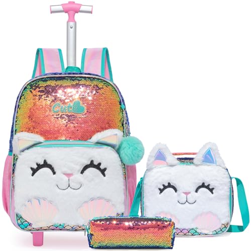 Egchescebo Kinder Rucksack mit Rollen Kinderkoffer 17 Mädchen für Koffer Schultrolley Kindertrolley Trolley Groß Schultasche Handgepäck Kindergepäck 3pcs Sätze Geeignet Grundschüler Plüsch Katzen Rosa von Egchescebo