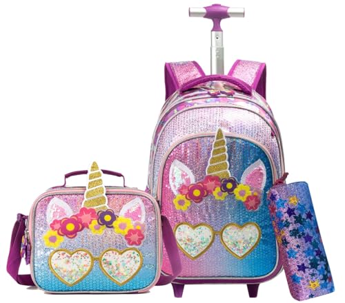 Egchescebo Kinder Rucksack mit Rollen Kinderkoffer 17” Mädchen für Koffer Schultrolley Kindertrolley Trolley Groß Schultasche Handgepäck Kindergepäck 3pcs Sätze Geeignet für Grundschüler Einhorn Lila von Egchescebo