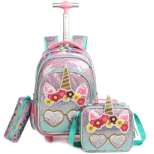 Egchescebo Kinder Rucksack mit Rollen Kinderkoffer 17” Mädchen für Koffer Schultrolley Kindertrolley Trolley Groß Schultasche Handgepäck Kindergepäck 3pcs Sätze Geeignet für Grundschüler Einhorn Rosa von Egchescebo
