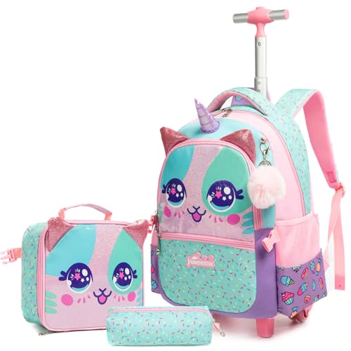 Egchescebo Kinder Rucksack mit Rollen Kinderkoffer 17” Mädchen für Koffer Schultrolley Kindertrolley Trolley Groß Schultasche Handgepäck Kindergepäck 3pcs Sätze Geeignet für Grundschüler Tiere Rosa von Egchescebo