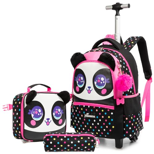 Egchescebo Kinder Rucksack mit Rollen Kinderkoffer 17” Mädchen für Koffer Schultrolley Kindertrolley Trolley Groß Schultasche Handgepäck Kindergepäck 3pcs Sätze Geeignet für Grundschüler Tiere Schwarz von Egchescebo