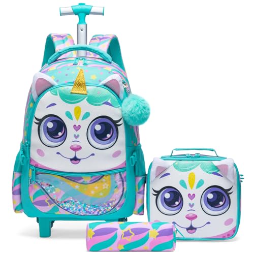 Egchescebo Kinder Rucksack mit Rollen Kinderkoffer 17” Mädchen für Koffer Schultrolley Kindertrolley Trolley Groß Schultasche Handgepäck Kindergepäck 3pcs Sätze Geeignet für Grundschüler Tiere Grün von Egchescebo