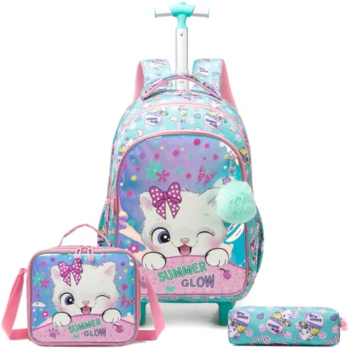 Egchescebo Kinder Rucksack mit Rollen Kinderkoffer 17” Mädchen für Koffer Schultrolley Kindertrolley Trolley Groß Schultasche Handgepäck Kindergepäck Sätze Geeignet Grundschüler Katzen Illusion Farbe von Egchescebo