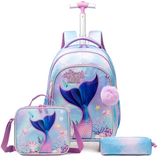 Egchescebo Kinder Rucksack mit Rollen Kinderkoffer 17” Mädchen für Koffer Schultrolley Kindertrolley Trolley Groß Schultasche Handgepäck Kindergepäck Sätze Geeignet Grundschüler Meerjungfrau Hellblau von Egchescebo