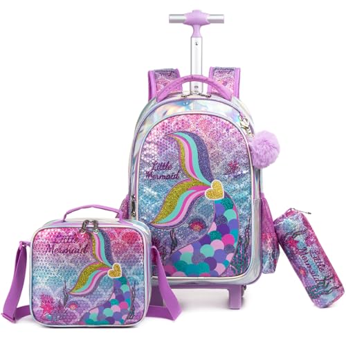 Egchescebo Kinder Rucksack mit Rollen Kinderkoffer 17” Mädchen für Koffer Schultrolley Kindertrolley Trolley Schultasche Handgepäck Kindergepäck 3pcs Sätze Geeignet Grundschüler Meerjungfrau Goldgelb von Egchescebo