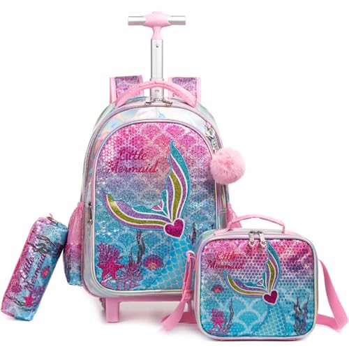Egchescebo Kinder Rucksack mit Rollen Kinderkoffer 17” Mädchen für Koffer Schultrolley Kindertrolley Trolley Schultasche Handgepäck Kindergepäck 3pcs Sätze Geeignet für Grundschüler Meerjungfrau Rosa von Egchescebo