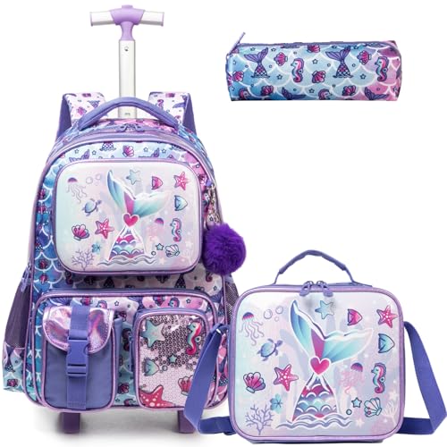 Egchescebo Kinder Rolling Rucksack für Mädchen Fischschwanz Koffer Trolley Roller Gepäck Rucksäcke auf Rädern mit Lunch Box Pencil Case die Grundschule Mehrere Funktion Taschen Travel School Bag Lila von Egchescebo