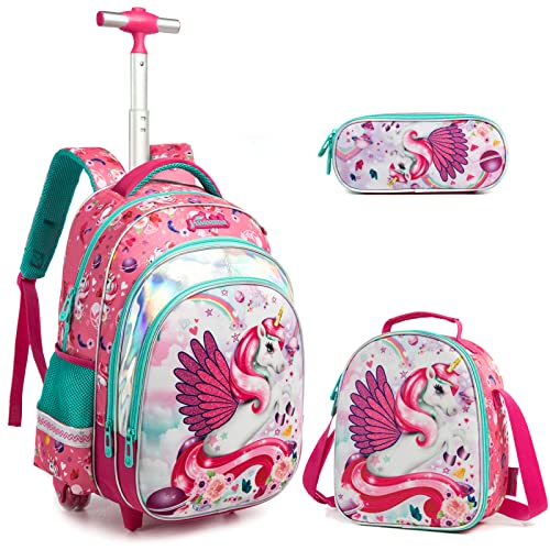 Egchescebo Rucksack Mädchen Schulranzen Trolley,Schulrucksack Mädchen Teenager 3PCS 17” Kinder Schultrolley Geeignet für Schule und Reise,Essensbeutel und Federmäppchen, Rotes Einhorn von Egchescebo