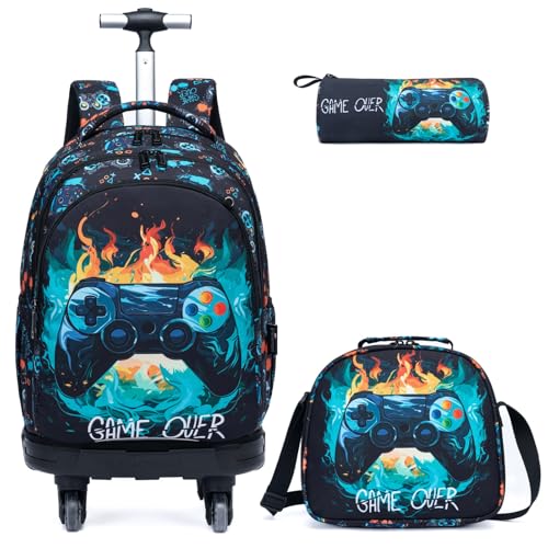Egchescebo Rucksack mit Rollen Kinderkoffer Jungen Kinder Koffer 4 Schwenkbare Kindertrolley Trolley Groß Schultasche Handgepäck Kindergepäck 3pcs Geeignet Grundschüler Schultrolley Spiel Handle Blau von Egchescebo