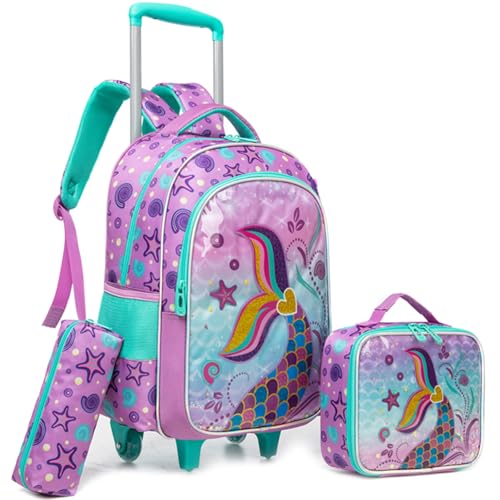 Egchescebo Rucksack mit Rollen Kinderkoffer Mädchen Kinder für Koffer Schultrolley Kindertrolley Trolley Groß Schultasche Handgepäck Kindergepäck 3pcs Sätze Geeignet für Grundschüler Meerjungfrau Rosa von Egchescebo