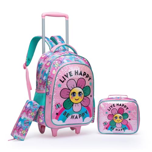 Egchescebo Rucksack mit Rollen Kinderkoffer Mädchen Kinder für Koffer Schultrolley Kindertrolley Trolley Groß Schultasche Handgepäck Kindergepäck 3pcs Sätze Geeignet für Grundschüler Sonnenblume Rosa von Egchescebo