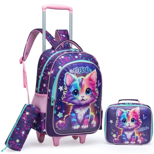 Egchescebo Rucksack mit Rollen Kinderkoffer Mädchen Kinder für Koffer Schultrolley Kindertrolley Trolley Groß Schultasche Handgepäck Kindergepäck 3pcs Sätze Geeignet für Grundschüler Bunte Katzen von Egchescebo