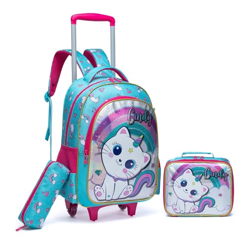 Egchescebo Rucksack mit Rollen Kinderkoffer Mädchen Kinder für Koffer Schultrolley Kindertrolley Trolley Groß Schultasche Handgepäck Kindergepäck 3pcs Sätze Geeignet für Grundschüler Grüne Katze von Egchescebo