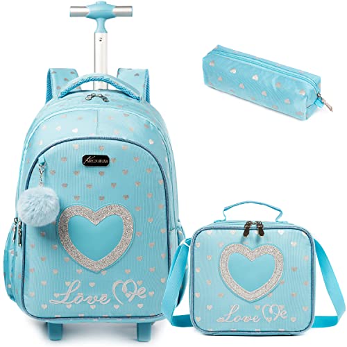 Egchescebo Schultaschen Kinder Rollen Rucksack für Mädchen Kinder Gepäck Koffer Mit Rädern, Blue23-3-6, 17", Reiserucksäcke von Egchescebo