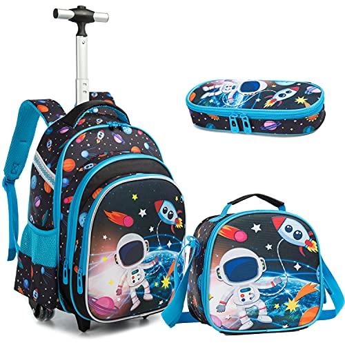 Rucksack Junge Schulranzen Trolley Schulrucksack Mädchen Teenager 3PCS 16” Kinder Schultrolley Geeignet für Schule und Reise Essensbeutel und Federmäppchen Blauer Astronauten Rollenrucksack von Egchescebo