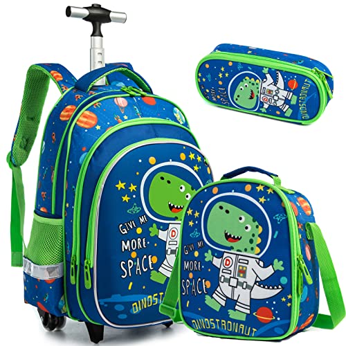 Rucksack Junge Schulranzen Trolley Schulrucksack Mädchen Teenager 3PCS 17” Kinder Schultrolley Geeignet für Schule und Reise Essensbeutel und Federmäppchen Grüner Dinosaurier Rollenrucksack von Egchescebo