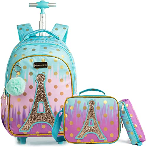 Rucksack Mädchen Schulranzen Trolley Schulrucksack Mädchen Teenager 3PCS Kinder Schultrolley Geeignet für Schule und Reise Essensbeutel und Federmäppchen Mädchen Pink A Letter Tower Trolley-Rucksack von Egchescebo