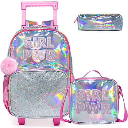 Rucksack Mädchen Schulranzen Trolley Schulrucksack Mädchen Grundschulkinder 3PCS Kinder Schultrolley Geeignet für Schule und Reise Essensbeutel und Federmäppchen Grüner Liebe Trolley Rucksack für Rosa von Egchescebo