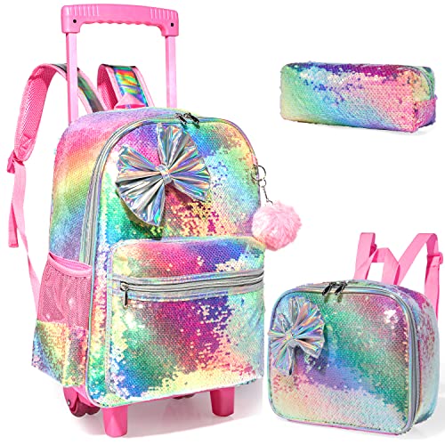 Rucksack Mädchen Schulranzen Trolley Schulrucksack Mädchen Grundschulkinder Essensbeutel und Federmäppchen Liebe 3PCS Kinder Schultrolley Geeignet für Schule und Reise von Egchescebo