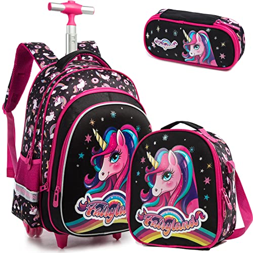 Rucksack Mädchen Schulranzen Trolley Schulrucksack Mädchen Teenager 3PCS 17” Kinder Schultrolley Geeignet für Schule Reise Essensbeutel und Federmäppchen Schwarzes Einhorn Rollenrucksack von Egchescebo